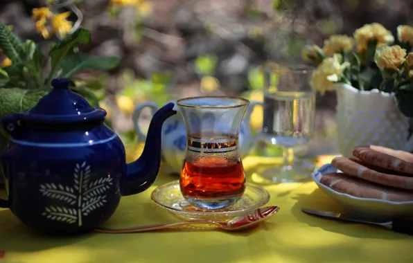 Table, tea, kettle, dishes