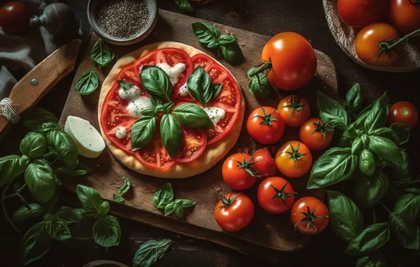 Food, cheese, knife, vegetables, pizza, tomatoes, dish, spices