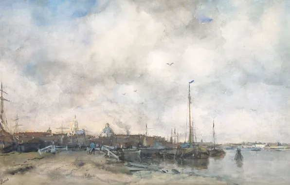 Picture landscape, figure, watercolor, city view, Jacob Maris Hendrikus