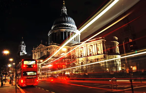 Night, city, the city, London, bus, london, St Paul\'s Cathedral, bus