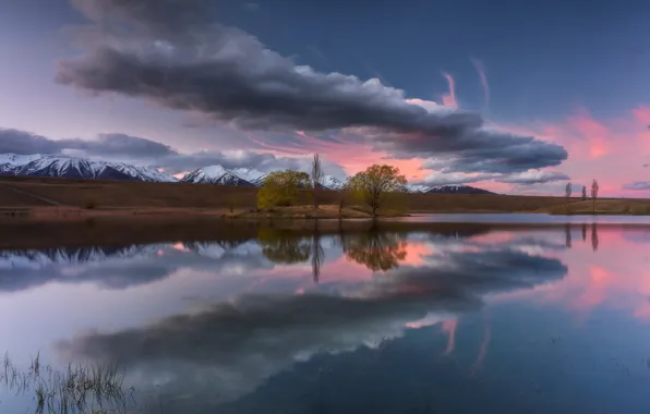 Clouds, reflection, mountains, lake, New Zealand