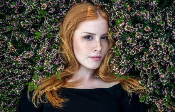 Picture look, flowers, model, portrait, makeup, hairstyle, freckles, redhead