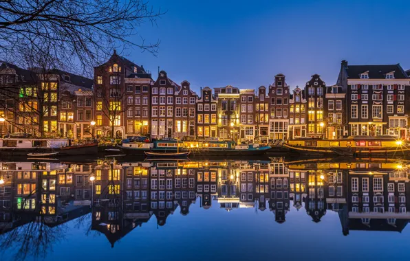 Picture reflection, building, home, pier, Amsterdam, Netherlands, night city, Amsterdam