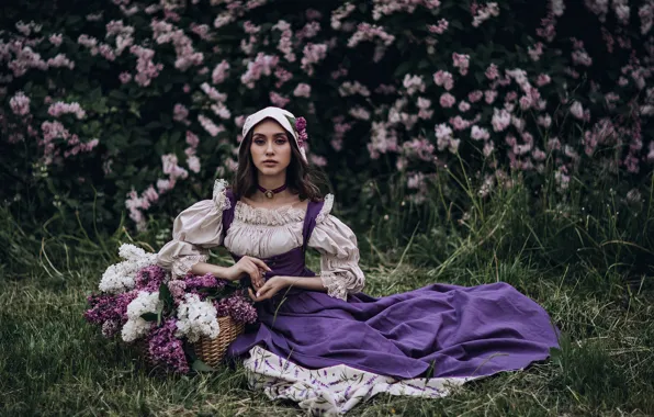 Picture girl, pose, style, basket, dress, cap, lilac, Anna Konofalova