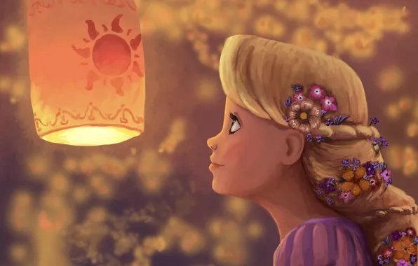 Girl, flowers, art, flashlight, profile, Rapunzel