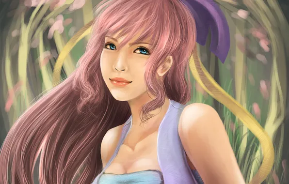 Picture girl, art, bow, ponytail, pink hair
