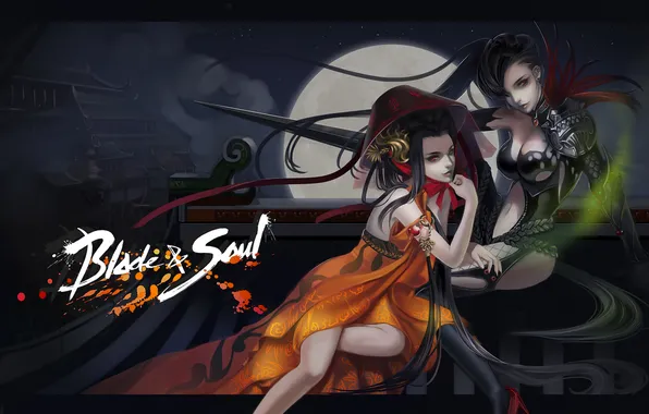 Picture roof, girls, the moon, poses, Blade&ampamp;Soul