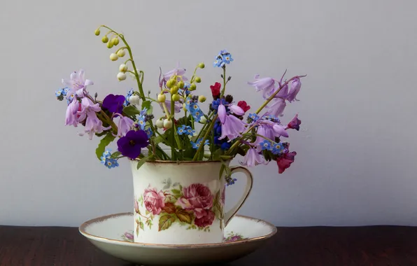 Bouquet, petals, plate, Cup, still life