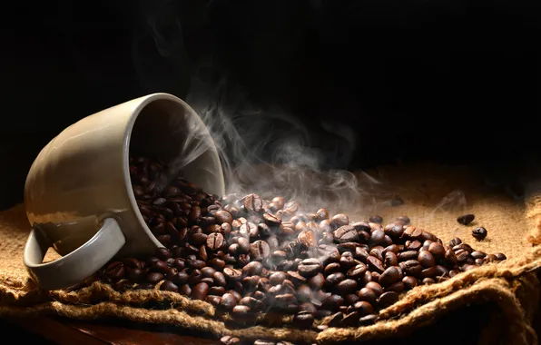 Smoke, coffee, grain, couples, Cup, fabric, black background, burlap