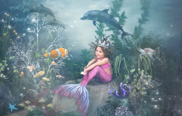 Fish, algae, turtle, corals, girl, dolphins, underwater world, the little mermaid