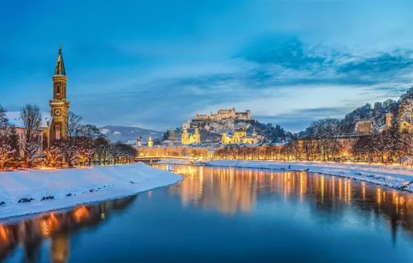 Winter, snow, the city, river, Europe, river, winter, Europe