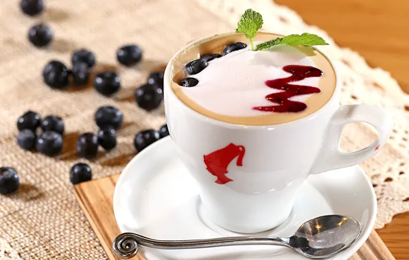 Foam, berries, coffee, milk, blueberries, spoon, Cup, cappuccino