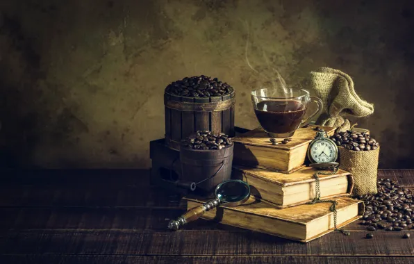 Picture watch, coffee, roses, Vintage, Books