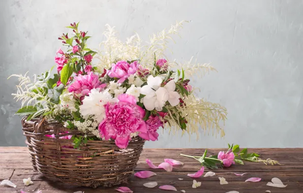 Picture flowers, table, basket, petals, peonies, Maya Kruchenkova