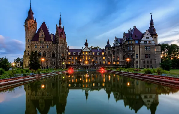 Wallpaper pond, reflection, castle, Poland, lights, Poland, Posnanski castle, Moszna, Moszna Castle, Upper Silesian, Purse, Upper …