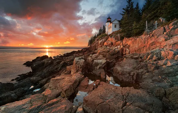 Sunset, rocks, lighthouse, the evening, USA, harbour, national Park, Maine