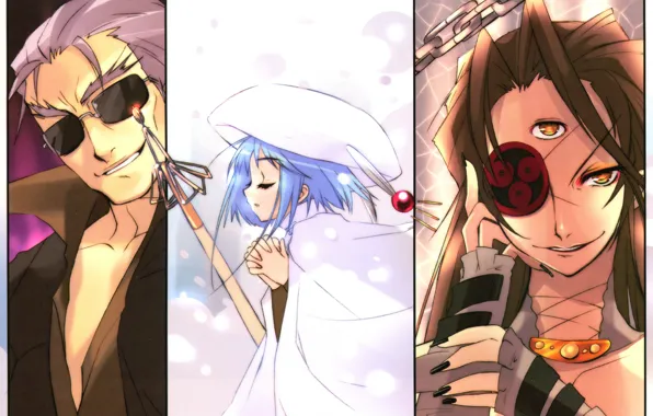 Magic, glasses, shakugan no shana, grin, blue hair, art, prayer, noizi ito