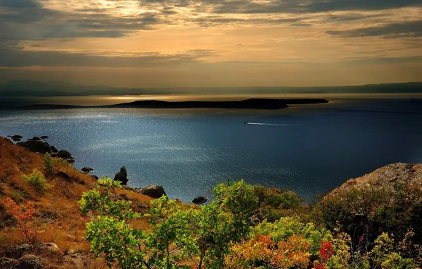Picture sea, mountains, stones, boat, Black, the bushes, Crimea