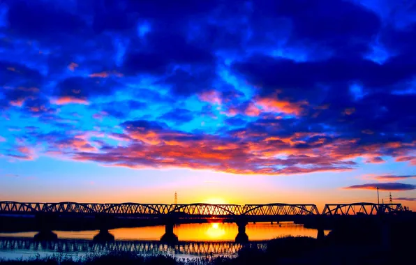 The sky, clouds, sunset, bridge, river