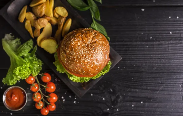 Greens, vegetables, sauce, ketchup, roll, sesame, salad, potatoes