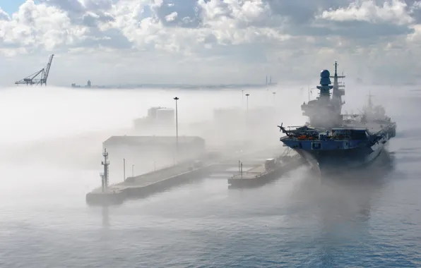 Picture fog, helicopter, aircraft carrier, Italian navy, Cavour, Marina Militare