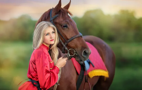 Summer, girl, nature, horse, horse, blonde, costume