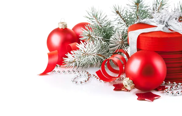 Branches, box, balls, tape, stars, tree, Christmas decorations