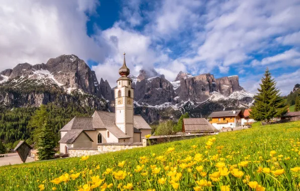 Flowers, mountains, village, meadow, Italy, Church, Italy, The Dolomites