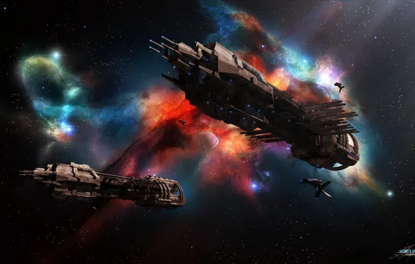 Picture stars, spaceships, loki's hammer