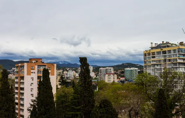 The sky, trees, mountains, clouds, the city, overcast, building, home