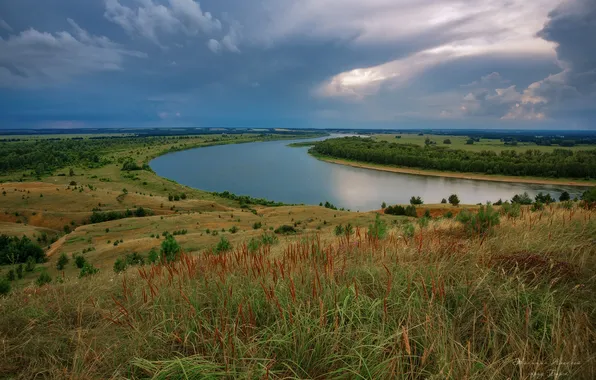 Grass, clouds, river, horizon, space, picturesque landscape, Nikitin Alexey, July evening
