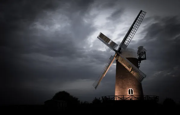 Night, clouds, lighting, windmill, gloomy sky