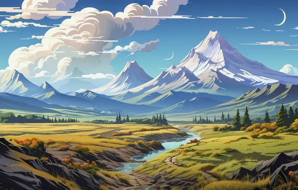 Field, autumn, the sky, clouds, mountains, stream, rocks, tops