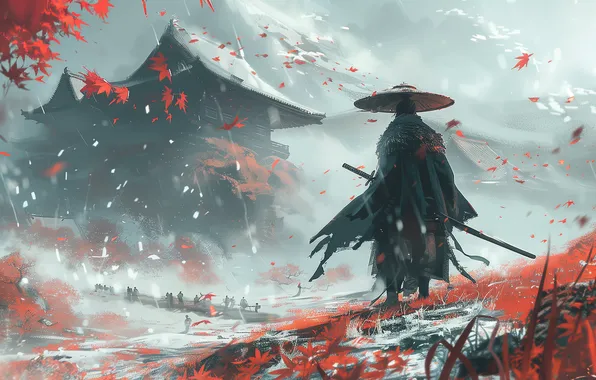 Art, samurai, pagoda