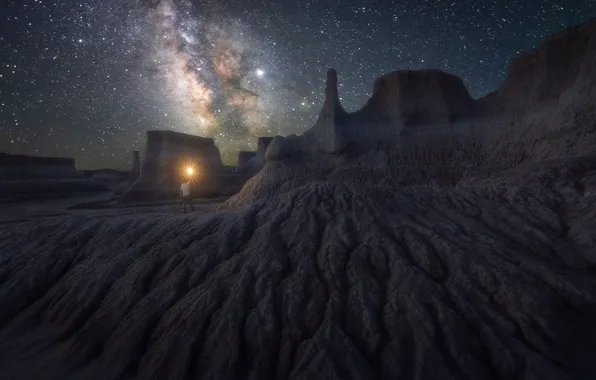 Stars, light, mountains, night, rocks, desert, people, The milky way