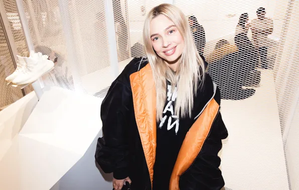 Picture look, girl, pose, smile, actress, jacket, blonde, hair