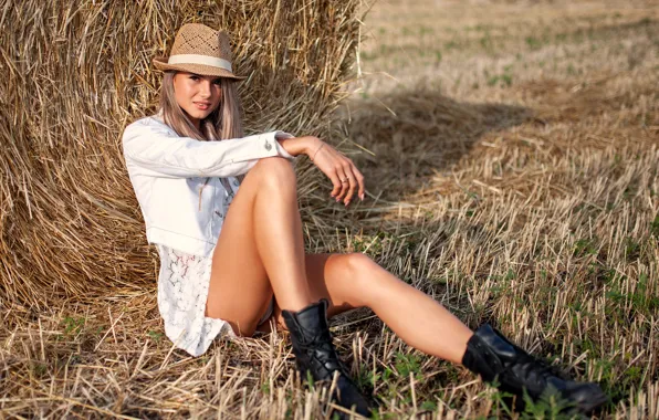 Field, look, girl, nature, hat, shoes, dress, jacket