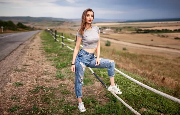 Road, look, landscape, nature, sexy, model, the fence, field