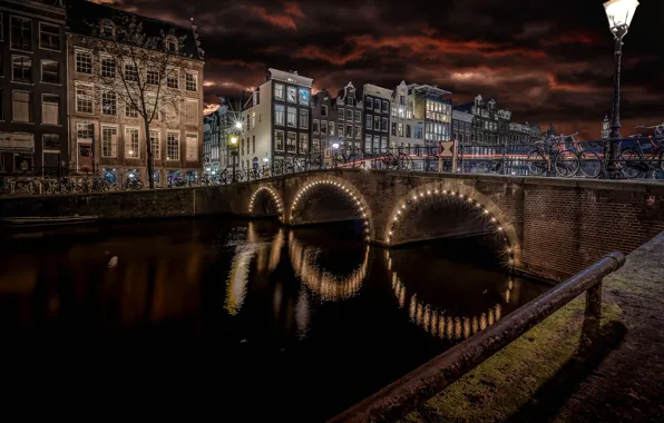 Night, bridge, lights, home, Amsterdam, channel, Netherlands