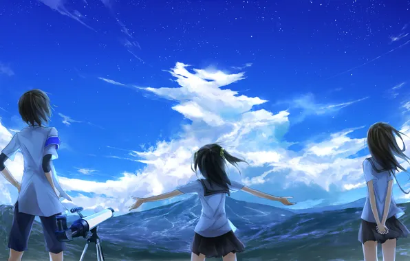 Picture the sky, clouds, mountains, nature, girls, anime, art, form