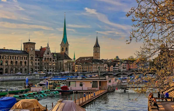 Picture trees, bridge, tower, home, boats, Switzerland, Zurich