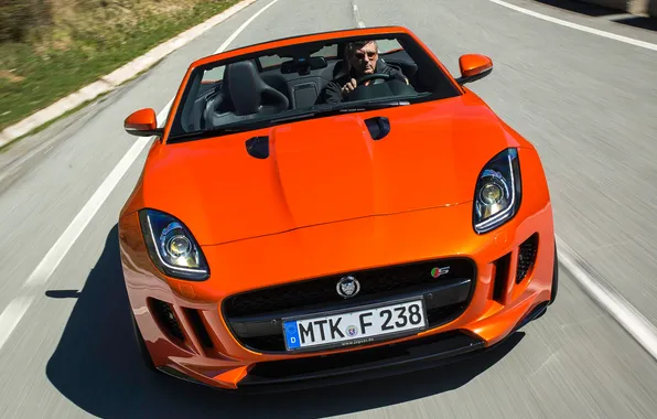 Picture orange, lights, speed, Jaguar, the front, F-Type, V8 S