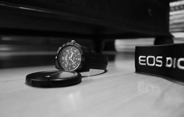 Watch, Canon, timex expedition, a lens cap