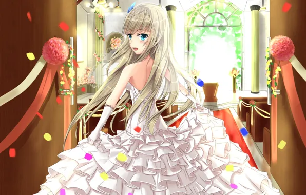 Girl, flowers, the bride, white dress, ruffles