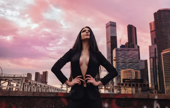 Chest, the sky, girl, the city, pose, the evening, Oksana Bast, Victor Ambartsumov