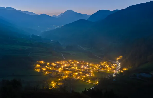 Picture mountains, lights, morning, valley, the village
