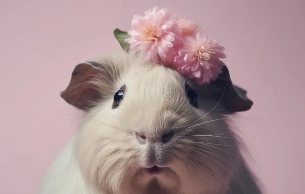 Look, flowers, portrait, Guinea pig, grey, face, pink background, wreath