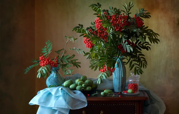 Picture branches, berries, Bank, fabric, still life, Rowan, bunches, vases