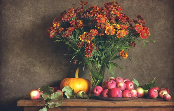 Picture autumn, flowers, apples, pumpkin, still life