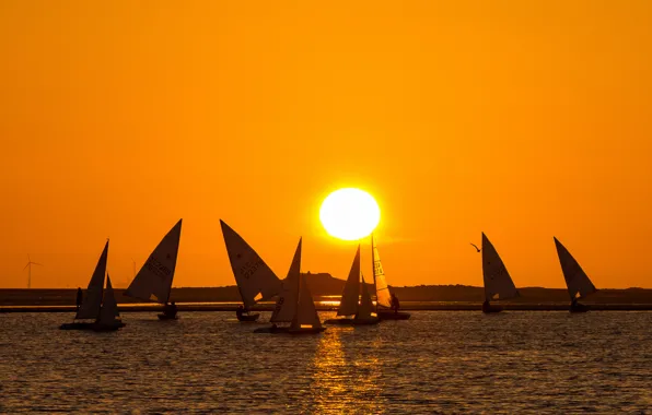 The sky, the sun, sunset, lake, boat, yacht, sail
